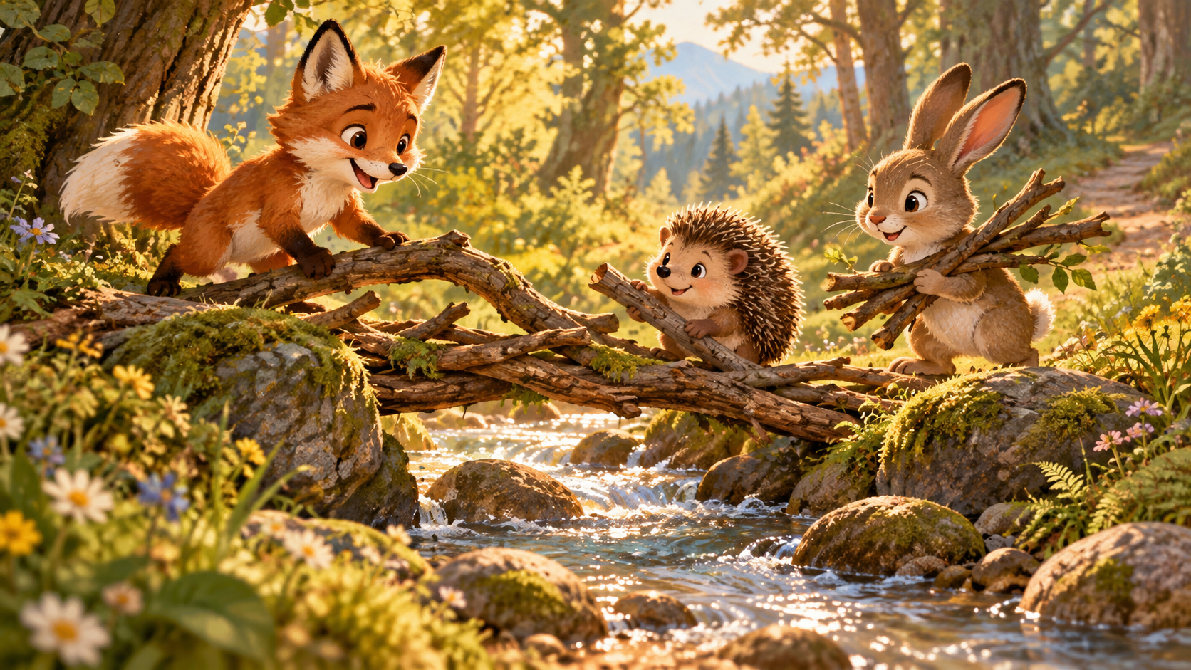 Fuchs, Igel und Hase bauen aus krummen Ästen eine Brücke über den Waldbach.