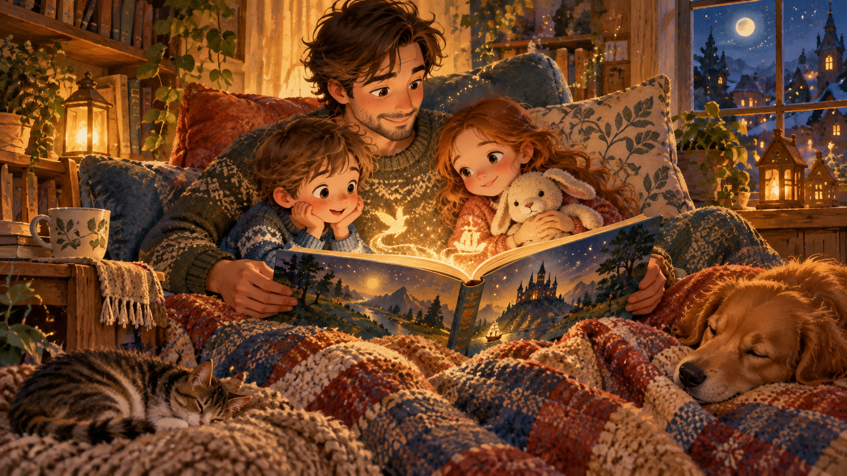Eine Familie liest gemeinsam ein Bilderbuch in einer gemütlichen Leseecke.